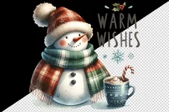 Watercolor cute snowman hat hot cocoa Warm Wishes Christmas quote print 20 oz tumbler skinny mug wrap clipart t-shirt sublimation printable design