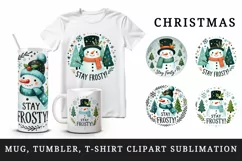 Watercolor cute snowman hat Stay Frosty quote Christmas New Year winter print tumbler skinny mug wrap clipart t-shirt sublimation printable design png