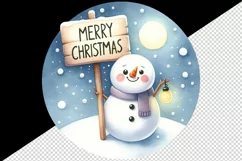 Watercolor cute snowman holding festive sign Merry Christmas quote print 20 oz tumbler skinny mug wrap clipart t-shirt sublimation printable design