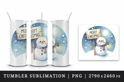 Watercolor cute snowman holding festive sign Merry Christmas quote print 20 oz tumbler skinny mug wrap clipart t-shirt sublimation printable design
