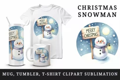 Watercolor cute snowman holding festive sign Merry Christmas quote print 20 oz tumbler skinny mug wrap clipart t-shirt sublimation printable design
