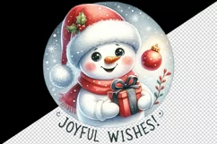 Watercolor cute snowman holding gift Joyful wishes Christmas quote print 20 oz tumbler skinny mug wrap clipart t-shirt sublimation printable design