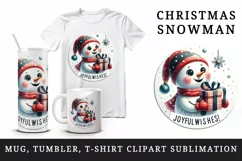 Watercolor cute snowman holding gift Joyful wishes Christmas quote print 20 oz tumbler skinny mug wrap clipart t-shirt sublimation printable design