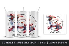 Watercolor cute snowman holding gift Joyful wishes Christmas quote print 20 oz tumbler skinny mug wrap clipart t-shirt sublimation printable design