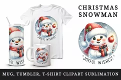 Watercolor cute snowman holding gift Joyful wishes Christmas quote print 20 oz tumbler skinny mug wrap clipart t-shirt sublimation printable design