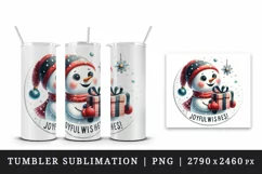 Watercolor cute snowman holding gift Joyful wishes Christmas quote print 20 oz tumbler skinny mug wrap clipart t-shirt sublimation printable design