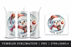 Watercolor cute snowman holding gift Joyful wishes Christmas quote print 20 oz tumbler skinny mug wrap clipart t-shirt sublimation printable design