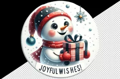 Watercolor cute snowman holding gift Joyful wishes Christmas quote print 20 oz tumbler skinny mug wrap clipart t-shirt sublimation printable design