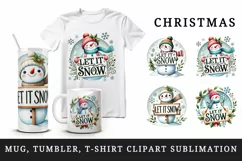 Watercolor cute snowman holding sign Let it Snow Christmas New Year winter print tumbler skinny mug wrap clipart t-shirt sublimation printable design
