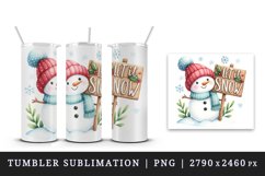 Watercolor cute snowman holding sign saying Let it Snow quote print 20 oz tumbler skinny mug wrap clipart t-shirt sublimation printable design