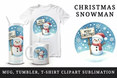 Watercolor cute snowman holding sign snowflakes Merry Christmas quote print 20 oz tumbler skinny mug wrap clipart t-shirt sublimation printable design