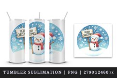 Watercolor cute snowman holding sign snowflakes Merry Christmas quote print 20 oz tumbler skinny mug wrap clipart t-shirt sublimation printable design