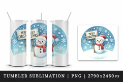 Watercolor cute snowman holding sign snowflakes Merry Christmas quote print 20 oz tumbler skinny mug wrap clipart t-shirt sublimation printable design
