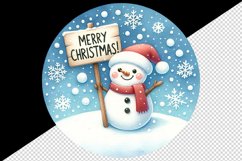 Watercolor cute snowman holding sign snowflakes Merry Christmas quote print 20 oz tumbler skinny mug wrap clipart t-shirt sublimation printable design