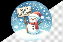 Watercolor cute snowman holding sign snowflakes Merry Christmas quote print 20 oz tumbler skinny mug wrap clipart t-shirt sublimation printable design