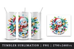 Watercolor cute snowman lights Merry and Bright Christmas greeting quote print tumbler skinny mug wrap clipart t-shirt sublimation printable design