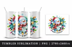 Watercolor cute snowman lights Merry and Bright Christmas greeting quote print tumbler skinny mug wrap clipart t-shirt sublimation printable design