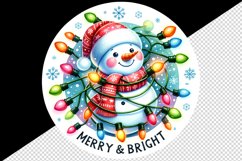 Watercolor cute snowman lights Merry and Bright Christmas greeting quote print tumbler skinny mug wrap clipart t-shirt sublimation printable design