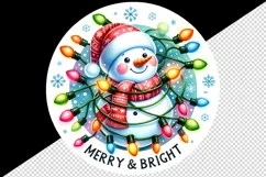 Watercolor cute snowman lights Merry and Bright Christmas greeting quote print tumbler skinny mug wrap clipart t-shirt sublimation printable design