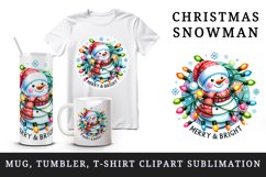 Watercolor cute snowman lights Merry and Bright Christmas greeting quote print tumbler skinny mug wrap clipart t-shirt sublimation printable design