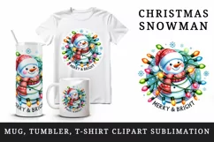 Watercolor cute snowman lights Merry and Bright Christmas greeting quote print tumbler skinny mug wrap clipart t-shirt sublimation printable design