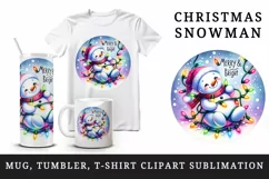 Watercolor cute snowman lights Merry Bright Christmas greeting quote print 20 oz tumbler skinny mug wrap clipart t-shirt sublimation printable design