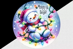 Watercolor cute snowman lights Merry Bright Christmas greeting quote print 20 oz tumbler skinny mug wrap clipart t-shirt sublimation printable design