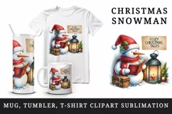 Watercolor cute snowman reading storybook Cozy Christmas Tales quote print 20 oz tumbler skinny mug wrap clipart t-shirt sublimation printable design