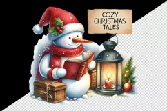 Watercolor cute snowman reading storybook Cozy Christmas Tales quote print 20 oz tumbler skinny mug wrap clipart t-shirt sublimation printable design