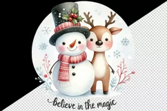 Watercolor cute snowman reindeer Believe in magic Christmas greeting quote print tumbler skinny mug wrap clipart t-shirt sublimation printable design