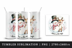 Watercolor cute snowman reindeer Believe in magic Christmas greeting quote print tumbler skinny mug wrap clipart t-shirt sublimation printable design