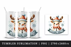 Watercolor cute snowman reindeer hat scarf Merry Christmas greeting quote print tumbler skinny mug wrap clipart t-shirt sublimation printable design