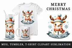 Watercolor cute snowman reindeer hat scarf Merry Christmas greeting quote print tumbler skinny mug wrap clipart t-shirt sublimation printable design