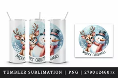 Watercolor cute snowman reindeer scarf Merry Christmas greeting quote print 20 oz tumbler skinny mug wrap clipart t-shirt sublimation printable design