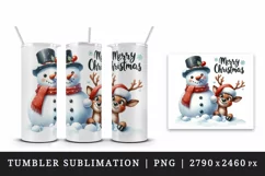 Watercolor cute snowman reindeer scarf Merry Christmas greeting quote print 20 oz tumbler skinny mug wrap clipart t-shirt sublimation printable design