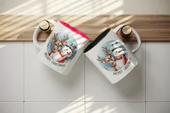 Watercolor cute snowman reindeer scarf Merry Christmas greeting quote print 20 oz tumbler skinny mug wrap clipart t-shirt sublimation printable design