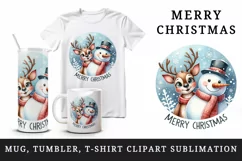 Watercolor cute snowman reindeer scarf Merry Christmas greeting quote print 20 oz tumbler skinny mug wrap clipart t-shirt sublimation printable design