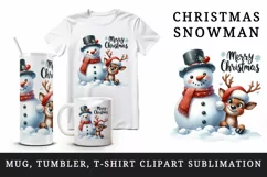 Watercolor cute snowman reindeer scarf Merry Christmas greeting quote print 20 oz tumbler skinny mug wrap clipart t-shirt sublimation printable design
