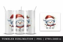 Watercolor cute snowman Santa red hat smile Ho Ho Ho Christmas quote print 20 oz tumbler skinny mug wrap clipart t-shirt sublimation printable design