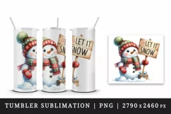 Watercolor cute snowman scarf and hat holding sign Let it Snow quote print 20 oz tumbler skinny mug wrap clipart t-shirt sublimation printable design