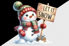 Watercolor cute snowman scarf and hat holding sign Let it Snow quote print 20 oz tumbler skinny mug wrap clipart t-shirt sublimation printable design