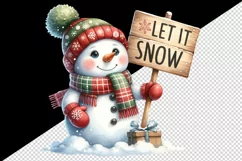 Watercolor cute snowman scarf and hat holding sign Let it Snow quote print 20 oz tumbler skinny mug wrap clipart t-shirt sublimation printable design