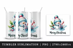Watercolor cute snowman scarf hat candy cane Merry Christmas quote print 20 oz tumbler skinny mug wrap clipart t-shirt sublimation printable design