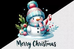 Watercolor cute snowman scarf hat candy cane Merry Christmas quote print 20 oz tumbler skinny mug wrap clipart t-shirt sublimation printable design