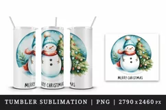 Watercolor cute snowman scarf hat decorated tree Merry Christmas quote print 20oz tumbler skinny mug wrap clipart t-shirt sublimation printable design