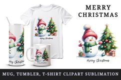 Watercolor cute snowman scarf hat decorated tree Merry Christmas quote print 20oz tumbler skinny mug wrap clipart t-shirt sublimation printable design