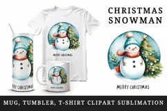 Watercolor cute snowman scarf hat decorated tree Merry Christmas quote print 20oz tumbler skinny mug wrap clipart t-shirt sublimation printable design
