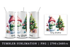 Watercolor cute snowman scarf hat decorated tree Merry Christmas quote print 20oz tumbler skinny mug wrap clipart t-shirt sublimation printable design