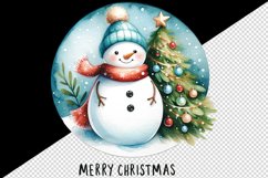 Watercolor cute snowman scarf hat decorated tree Merry Christmas quote print 20oz tumbler skinny mug wrap clipart t-shirt sublimation printable design