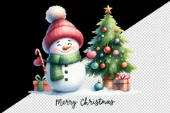 Watercolor cute snowman scarf hat decorated tree Merry Christmas quote print 20oz tumbler skinny mug wrap clipart t-shirt sublimation printable design
